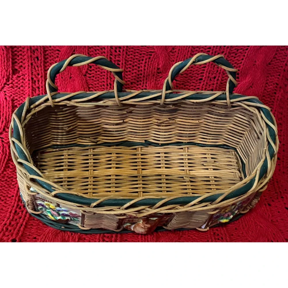 Vintage Wicker Wall Hanging Basket 3D Ceramic Cat and Floral Tiles Cottagecore